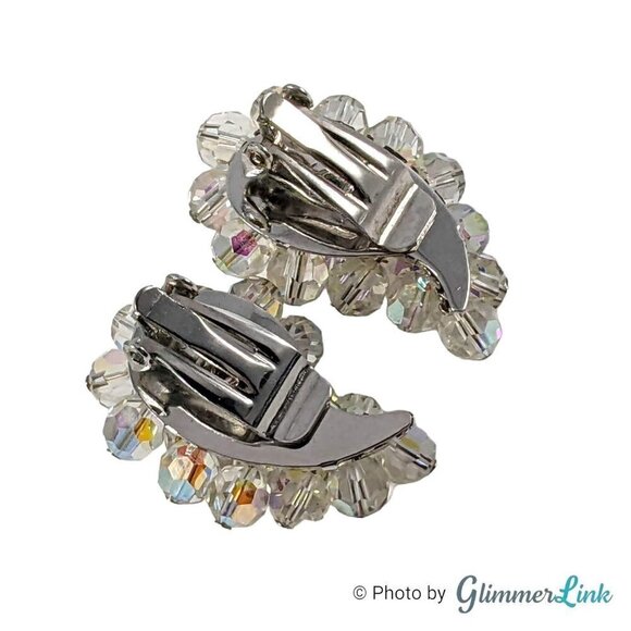 VTG AB Aurora Borealis Beaded Paisley Cluster Silver Tone Clip On Earrings - Picture 7 of 11